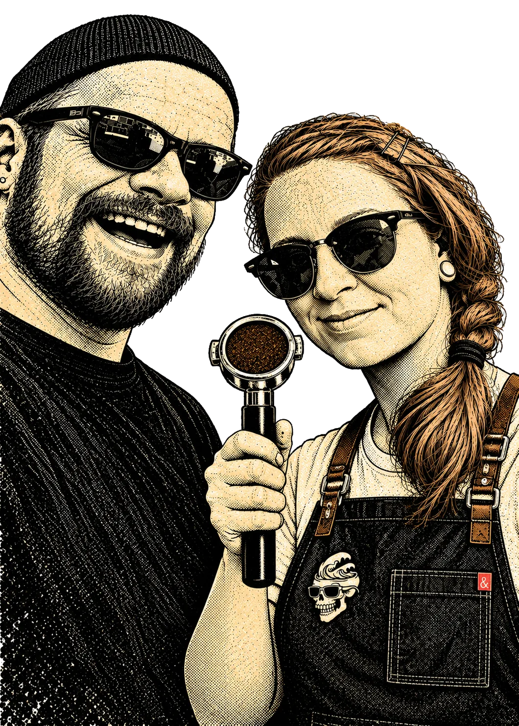 The two founders in sunglasses, one holding an espresso portafilter